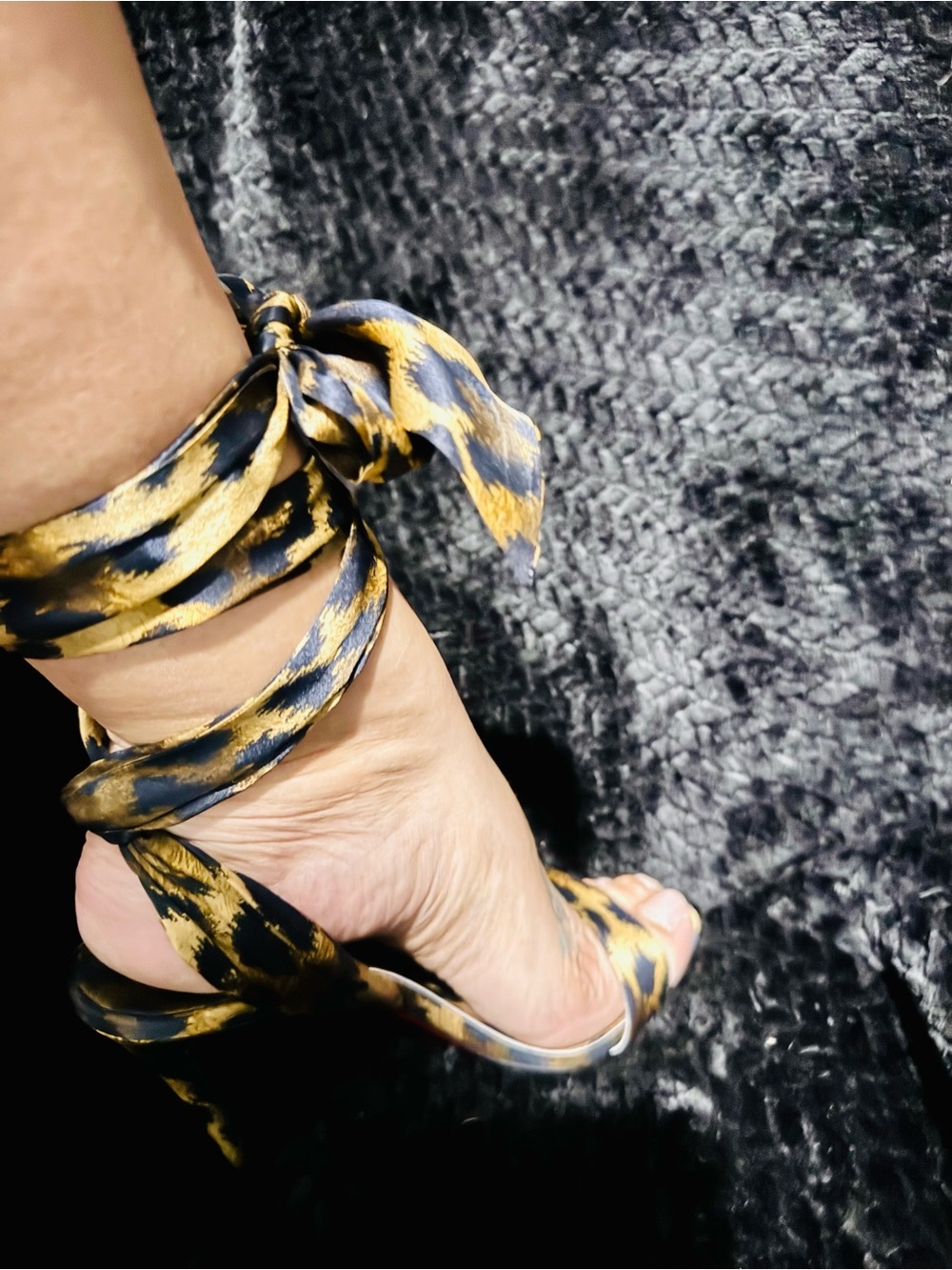 Christian Louboutin Leopard-Print Satin Ankle-Tie Heels in Gold and Black - Picture 8 of 11
